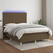 Greatstore Box spring postelja z vzmetnico LED temno rjava 140x190cm blago