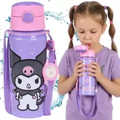 HELLO KITTY KUROMI Aluminijasta steklenica, ustnik, steklenica za vodo z ramenskim trakom, za deklice 600 ml
