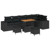 Set od 9 komada vrtnog namještaja s jastucima Crni Poly Rattan Akacija Set od 3 komada vrtne blagovaonice s jastucima Crni Poly