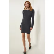 Happiness Istanbul Womens Gray Boat Neck Ribbed Saran Knitted Dress