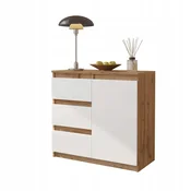 KOMODA S PREDALI 80 CM WOTAN HRAST/MAT BELA 3 PREDALI, 1 VRATA, 1 POLICA