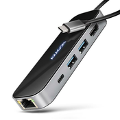 AXAGON HMC-6GLN, vozlišče USB 5Gb/s, 2x USB-A, USB-C, HDMI 4k/60Hz, RJ-45 GLAN, PD 100W, kabel USB-C 20cm