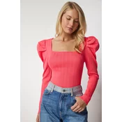 Happiness Istanbul Womens Pink Square Collar Corduroy Knitwear Blouse