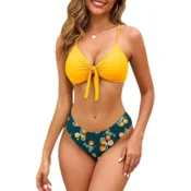 Ženske dvodelne kopalke bikini komplet Push-Up z visokim pasom, hitro sušeč material, odporne na klor, nastavljive stranske vezalke, eleganten V-izrez, rumena barva, velikost XXL za oblikovanje