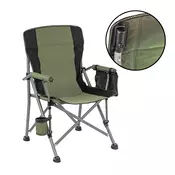 Ribiški stol Leziter Comfort Plus z naslonom za roke in držalom za skodelico zelene barve