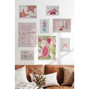 WallXpert set od 8 uramljenih slika Çgs-056, roze letnji motivi – lubenica, morske zvezde, kokteli i labud, beli ram