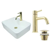 shumee GTM Design Aufsatzwaschbecken 41 cm Glanz Set mit Waschtischbatterie und Stopfen - Aufsatzwaschbecken Rechteckiges für Badezimmer - Modern Waschbecken ohne Hahnloch - Waschbecken mit Armature