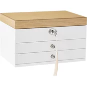 shumee Škatla za nakit, 3-nadstropni organizator nakita z velikim ogledalom, 2 predala, na zaklepanje, darilo za najdražje, za prstane, uhane, zapestnice, ogrlice, bela barva in lesni vzorci JOW15WNV1
