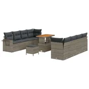 11-dijelni vrtni sofa set s jastučićima Siva Poly Ratan Akacija Vrtna garnitura - 3-dijelni vrtni blagovaonski set s jastučićim