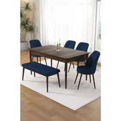 Hanah Home trpezarijski set Pir, sto, 4 stolice i klupa, ploca u dekoru drveta Baroque, teget tkanina Babyface