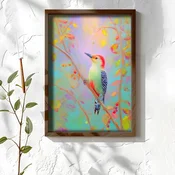 WallXpert uramljena MDF slika NAL062-70, detlic na grani sa crvenim bobicama na pastelnoj pozadini, 50 x 70 cm