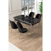 Hanah Home trpezarijski set Pale, sto na razvlacenje i 4 stolice, ploca u dekoru crnog mermera, hromirane noge, crna tkanina Babyface