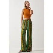 Happiness Istanbul Womens Green Yellow Patterned Flowing Viscose Palazzo Trousers