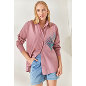 Olalook Dried Rose Palm Sequin Detailed Oversized Woven Poplin Shirt