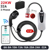JUNSUN Polnilni kabel za električna vozila tipa 2 - trifazni 22 kW, regulacija toka APP, časovno polnjenje, prenosni polnilnik 6 m (6/8/10/13/16/20/24/32A), (22127988)
