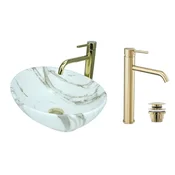 shumee GTM Design Aufsatzwaschbecken 41 cm Glanz Set mit Waschtischbatterie und Stopfen - Aufsatzwaschbecken Oval für Badezimmer - Modern Waschbecken ohne Hahnloch - Waschbecken mit Armature