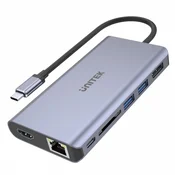 Unitek USB-C hub z dvema vratoma USB 3.1, HDMI 2.0, DP 1.4, RJ45, čitalnikom SD kartic, 100 W PD; D1056A