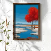 WallXpert uramljena MDF slika NAL026-70, crvena stabla pored plave reke, u stilu uljane slike, 50 x 70 cm