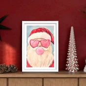 WallXpert novogodišnja uramljena MDF slika 3752CHRCT-017, Deda Mraz sa naocarima u obliku srca i balonom od žvake na svetloplavoj pozadini, 37 x 52 cm
