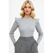 Trend Alaçati Stili Womens Greymelanj Half Turtleneck Sweater with Ruffled Shoulders
