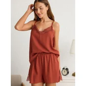 Trendyol Dark Tile Plain Lace Shally Woven Pajama Set