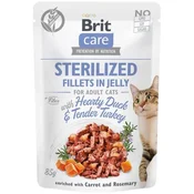 Brit Care Cat kapsule. Sterilizirani fileti v želeju z izdatno raco in nežno puranko 85 g