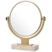 Casa Padrino luxury cosmetic table mirror antique brass/beige 50.5 x 12 x H. 56 cm - Round adjustable bathroom make up mirror with travertine base - Luxury bathroom accessories