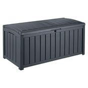 Keter Glenwood Kissenbox, Auflagenbox, 390 Liter Volumen, Wasserdicht, Graphit, Holzoptik, Sitzbank für 2 Erwachsene,128x65x61cm, Gartenbox