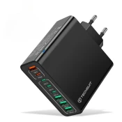 Stenski polnilec Techsuit CHPD224 z 8 izhodi (4x USB + 4x USB-C) in 65W hitrim polnjenjem - črn