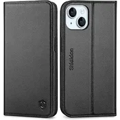 SHIELDON Usnjena Preklopna Torbica za iPhone 15 – Denarnica RFID + Stojalo (Črn)