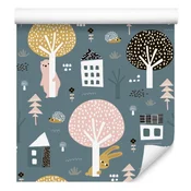 Tapeta z medvedki, drevesi in rastlinami za dnevno sobo in spalnico 50x1000 cm