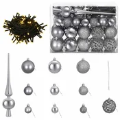 Vidaxl Set božičnih okraskov 61 kos Siva Premer 6 cm Plastika 300 LED