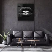 WallXpert slika na kaljenom staklu Kgls_3050, srebrnocrne usne sa kapima na crnoj pozadini, 40 x 40 cm