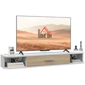 HOMCOM Mobilni TV viseči, mobilni nosilec za TV do 50 z 2 odprtimi policami in omarico s preklopnimi vrati, za dnevno sobo, spalnico in salon, 120x26x16 cm, bela in hrast