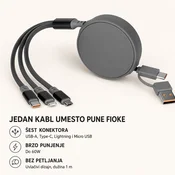 USB kabl ONES 6u1 - Type-C/USB na Type-C, Lightning i Micro USB, 60W, uvlacivi, sivi