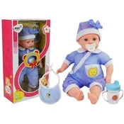 Punčka Beba s modro oblačilom in rekviziti - 45 cm