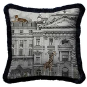 Casa Padrino luxury decorative pillow magnificent house & animals gray/multicolored/black 45 x 45 cm - Printed velvet cushion with fringes - Luxury decorative accessories