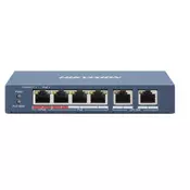 Hikvision Hikvision DS-3E0106HP-E Stikalo brez upravljanja z 6 RJ-45 priključki, PoE podporo, kovinsko ohišje, modro