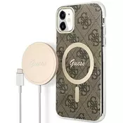 Guess Guess Bundle Pack MagSafe 4G - MagSafe etui za iPhone 11 + komplet polnilnika (rjava/zlata)