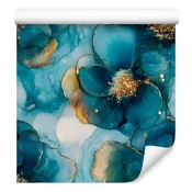 Tapeta Črnilo Turquoise, Temno modra, Morsko modra in zlata 50x1000 cm