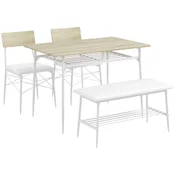 SONNENH Jedilni komplet, 4 kosi: 1 miza, 2 stola in 1 klop, miza 110 x 70 x 75 cm, svetel hrastov videz, belo ogrodje, oblazinjeni sedeži ter polici pod mizo in klopjo