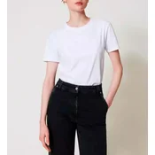 Twinset za ženske. 251TP2072 Majica z ovalno T-ploščo z belimi kristalčki (M), Bela, Priložnostno, Bombaž, Kratek r