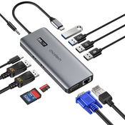Choetech Višenamjenski HUB adapter s zaslonom USB-C USB-A VGA AUX SD TF 12u1 sivi