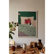 WallXpert uramljena slika 115195, žena cita crvenu knjigu u krevetu pod zelenom prugastom posteljinom, 30 x 40 cm, beli ram
