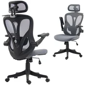 HOMCOM Ergonomski pisarniški stol, 3D preklopni nasloni za roke, 2D naslon za glavo, vrtljivi oblazinjeni pisarniški stol, obešalnik, nastavljiva višina, zibanje, v prezračevalni mreži, temno siva