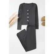 Trendyol Anthracite Cotton Lace and Ribbon/Bow Detailed Ribbed Knitted Pajama Set