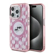 Ovitek Karl Lagerfeld IML MagSafe za iPhone 15 Pro - pink monogram karl and choupette head