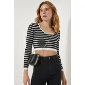 Happiness Istanbul Womens Black Striped Ribbed Crop Knitwear Blouse