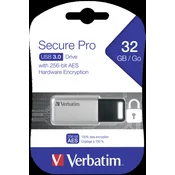 Verbatimov pomnilnik USB, USB 3.0, 32 GB, Secure Pro, Store N Go, srebrn, 98665, USB A, 256-bitno šifriranje AES