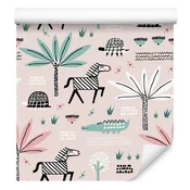 Tapeta z živalmi in palmami v pastelnih barvah za dnevno sobo in spalnico 50x1000 cm